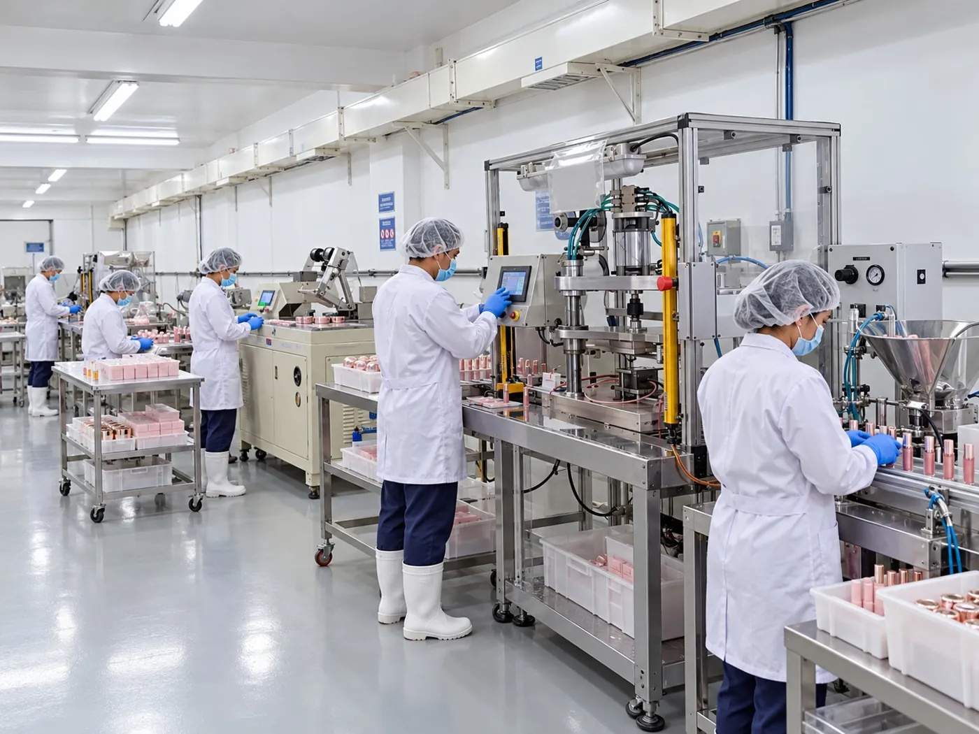 Operadores em máquinas de prensagem e envase na linha de produção