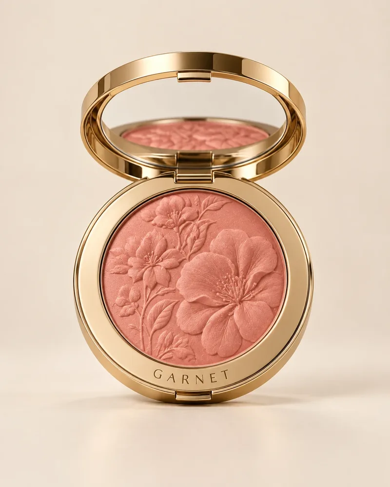 Blush Garnet pêssego com flores em relevo, estojo redondo dourado