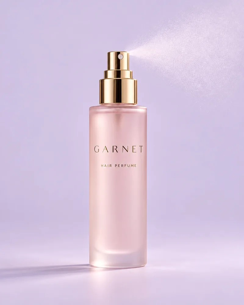 Perfume capilar Garnet em frasco rosa com spray dourado