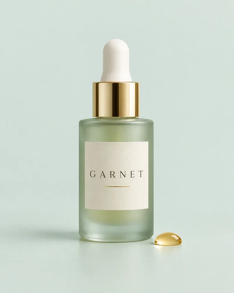 Sérum facial Garnet em frasco de vidro verde-sálvia com conta-gotas dourado